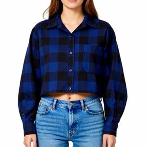 Wild Fable Button Down Shirt Womens Various Sizes Blue Plaid Cropped Long Sleeve
